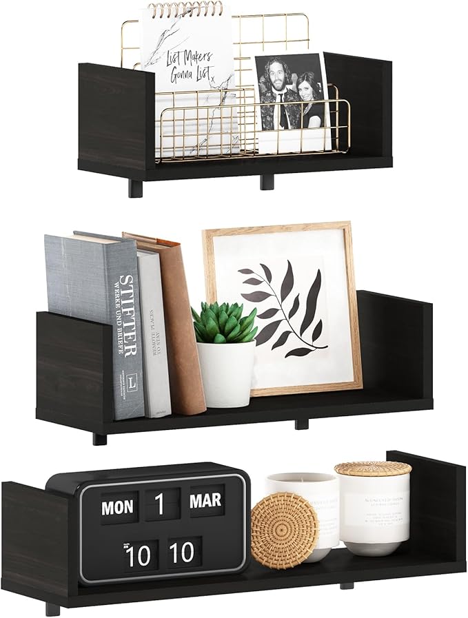 Furinno Rossi Bedroom Decor Wall Mounted Floating Display Shelves with Invisible Brackets, Set of 3, Espresso