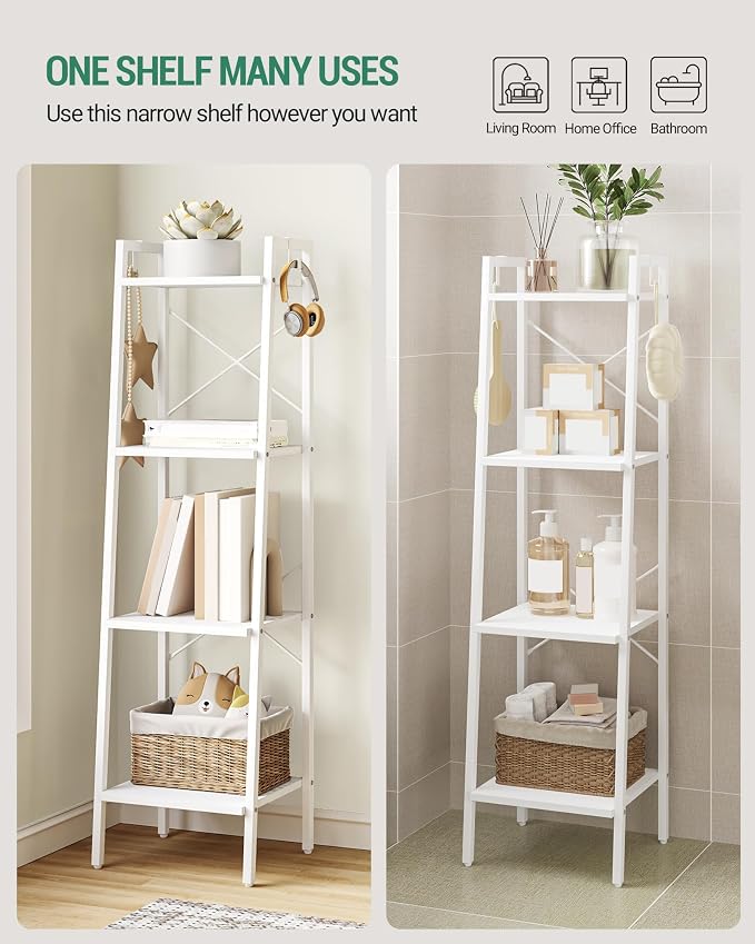 Hzuaneri Ladder Shelf, Bookshelf Bookcase, Freestanding Corner Storage Shelve with 2 Hooks for Home Office, Living Room, Kitchen, Bedroom, Industrial, 4-Tier White BC13213W