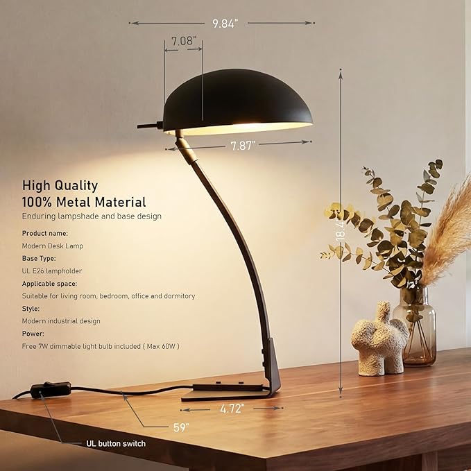 18.4" Metal Desk Lamp Modern Industrial Table Lamp, Adjustable Neck Architect Lights (3000K) with On/Off Switch, Bedside Reading Lamps for Office Bedroom Study Room Side Table (Sand Black)
