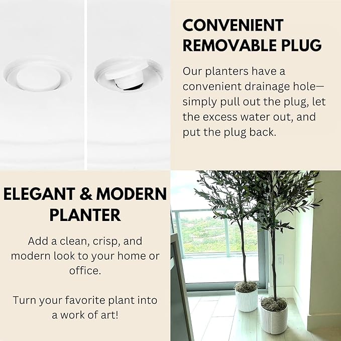 Fox & Fern Large Indoor Planter, Modern Large Plant Pot for Indoor or Outdoor, UV and Frost Resistant - 12 inch, Polystone, Matte White Flower Pot with Drainage Plug, 3D Printed Design