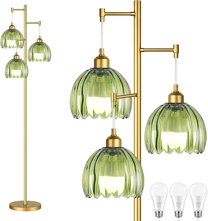 ZECOXOL Gold Floor Lamps for Living Room Bedroom-3 Light Glass Floor Lamp with Three Led Bulb, Rustic Tall Floor Lamp Gold Standing Lamp Tree Floor Lamps for Living Room Bedroom,Office,Corner