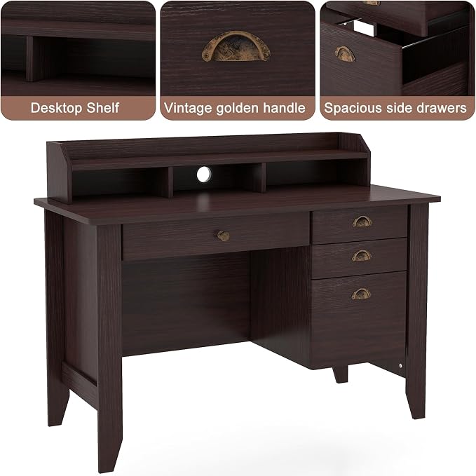 48" Vintage Computer Desk with 4 Storage Drawers & Top Hutch, Home Office Workstation with Drawer & Monitor Stand, Wooden Study Work Writing Table (Brown)