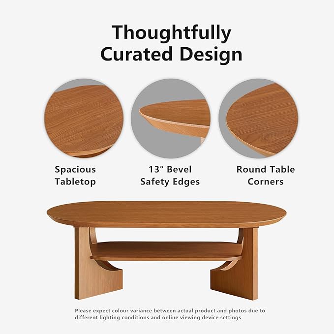 Mid Century Modern Coffee Table, 47" Oval Wood Coffee Tables for Living Room, 2 Tier Curved Round Center Table with Storage Shelf & Sturdy Base, Minimalist Retro Tea Tables