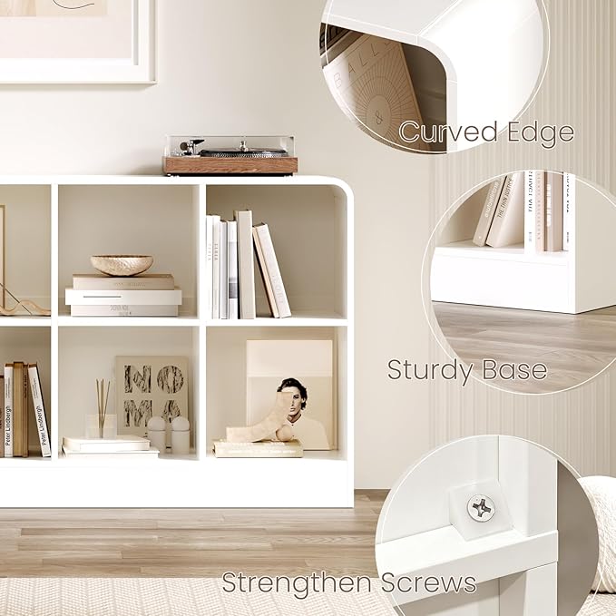 EXPERLAM White 8 Cube Storage Organizer with Rounded Edges and Reinforced Base, Low Horizontal Cube Bookshelf, Wooden Cube Shelf Bookcase for Living Room, Kids Room, Bedroom, TV Stand