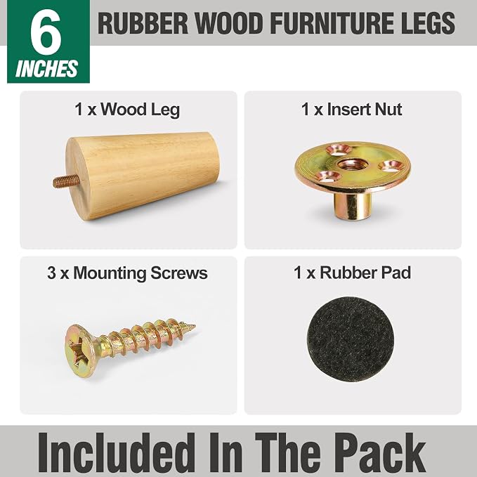 FoDau770 Rubber Wood Furniture Legs 6 Inches, 5/16" UNC Straight Tapered Wood Feet Mid Century Sofa Legs, Wooden Furniture Feet Replacement Parts for Cabinet Couch Dresser Chair Ottoman Table
