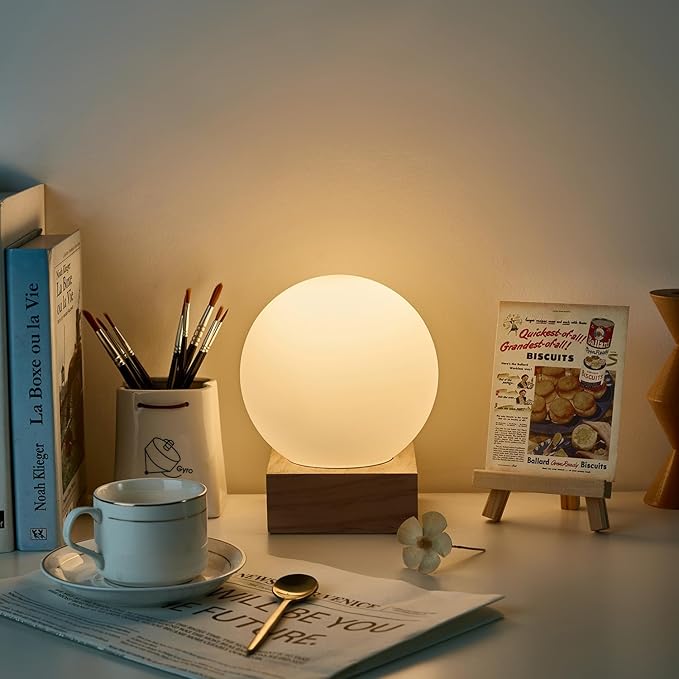 FLORNIA Globe Ball Lamp Modern Industrial Table Lamp, Unique Bedside Nightstand Desk Lamp with Glass Shade and Solid Wood Base for Bedroom, Living Room, Decoration (Include Bulb G45)