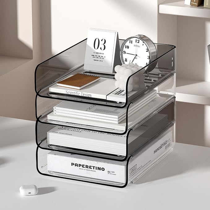 FANXIYQ 4-Tier Acrylic Paper Tray Organizer, Clear & Brown Stackable Desk Organizer for Documents, Files, A4 Paper, Mail, Books & Office Supplies, Office Classroom Home