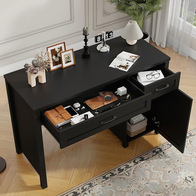 Vabches Farmhouse 47" Executive Desk, Computer Desk with Drawers and Storage Cabinet, Workstation for Home Office and Study.(Pure Black)