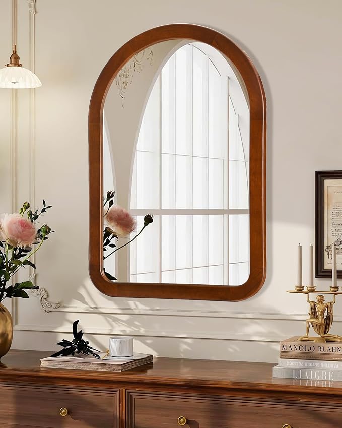 Arched Mirror 22 x 30 Inch,Walnut Brown Wood Rustic Bathroom Tempered Wall Mirror with Wood Frame,Round Corner Arch Farmhouse Wooden Vanity Mirror for Living Room,Entryway or Bedroom