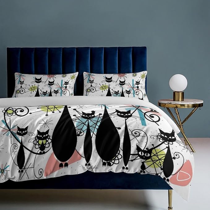 Mid Century Duvet Cover Sets Vintage Black Cat Modern Style Printed Lightweight Soft Quilt Cover Abstract Geometric Minimalist Soft Microfiber 3 Piece (1 Duvet Cover 68x86in + 2 Pillow Sham 20x30in)
