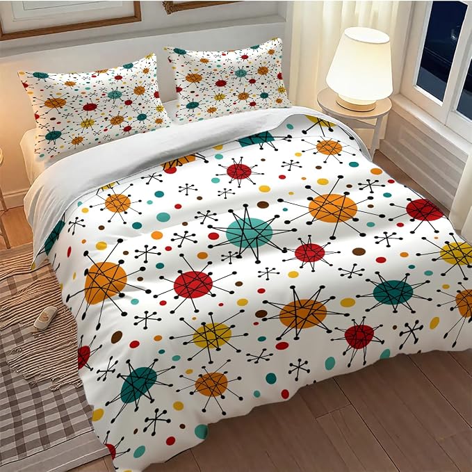 Mid Century Bedding Set,Modern Geometric Atomic Abstract Iconic Pattern 1950s 1960s Retro Style Comforter Set with Pillowcase for Bedroom Bed Decor,Full 79"x90"