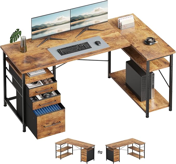 Maihail 55" Computer Desk with Drawers, Desks for Bedrooms, Writing Desk with Storage, Work Desk for Small Space, Rustic Brown