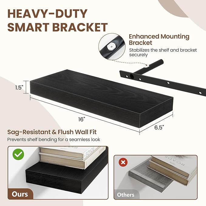 16 Inch Floating Shelves for Wall 2 Pack, 16" Wall Shelves for Books, Storage, Decor, Wall Mounted Floating Shelf with Invisible Brackets for Kitchen, Living Room, Black