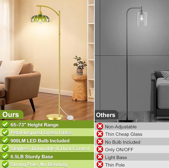Gold Floor Lamp with Remote Control, Dimmable LED Floor Lamp with 3 Color Temperatures, Adjustable Height Vintage Standing Lamps for Living Room BedroomOffice, Green Glass Tall Lamps Gift Use