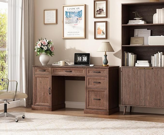 CARPETNAL 58'' Farmhouse Executive Desk with Drawers, Home Office Desk with File Drawer and Storage Cabinet, Rustic Computer Desk for Working, Studying, Writing, Brown