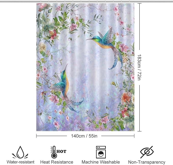 Hummingbird Flower Shower Curtain for Girls,Purple Watercolor Floral Bird Nature Plant Waterproof Shower Curtains for Bathroom Decor 12 Pack Hooks 55x72in（140x183cm）
