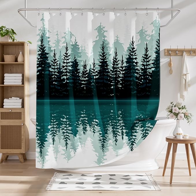 AmazerBath Shower Curtain Green, Washable Cloth Sage Green Shower Curtain Sets with 12 Metal Shower Curtain Hooks, Luxury Waterproof Rustic Fabric Shower Curtains for Bathroom Decor, 72x72 Inches