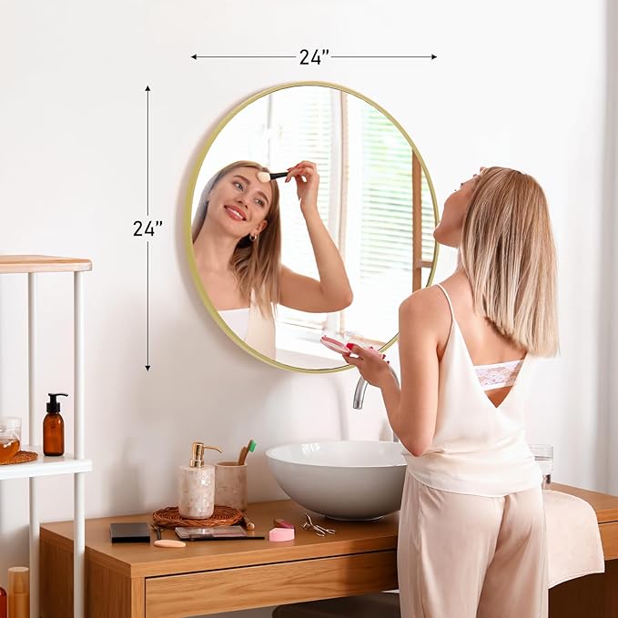 NEWBULIG Round Bathroom Mirror for Over Sink, 24 Inch Wall Mount Vanity Circle Mirror with Matte Metal Framed, Decor for Bathroom, Entryway, Bedroom, Gold