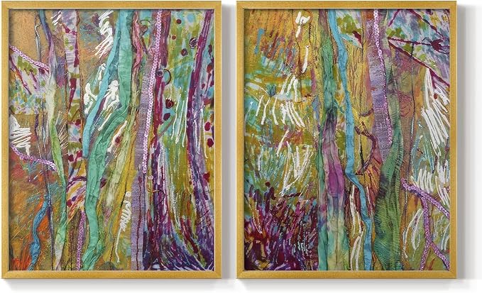 Renditions Gallery Set of 2 Peel & Stick Framed Prints, Modern Abstract Wall Art, Colorful Artistic Painting Wall Decor, Re-Stickable - Ready to Hang - 11"x14" - GOLD Frame LT588