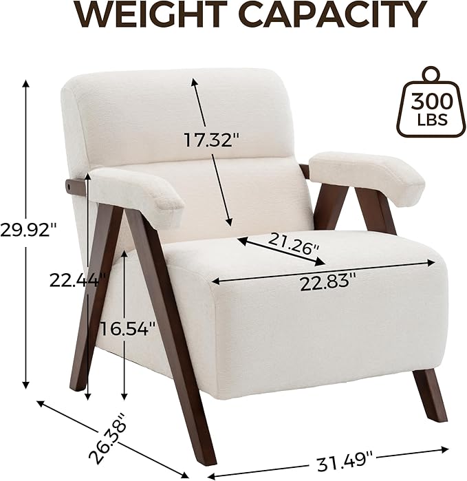 Accent Chair Mid Century Modern Living Room Chairs with Thick Cushion Comfy Upholstered Armchair Cozy Small Side Chairs for Reading Room Bedroom Ivory
