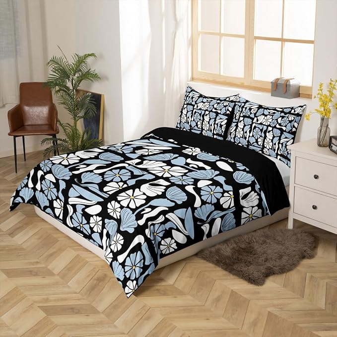 Erosebridal Vintage Abstract Boho Bedding Set Full Mid Century Retro Plants Floral Duvet Cover White Black Blue Geometric Patchwork Comforter Cover for Kids Adults,Modern Abstract Aesthetic Bed Set