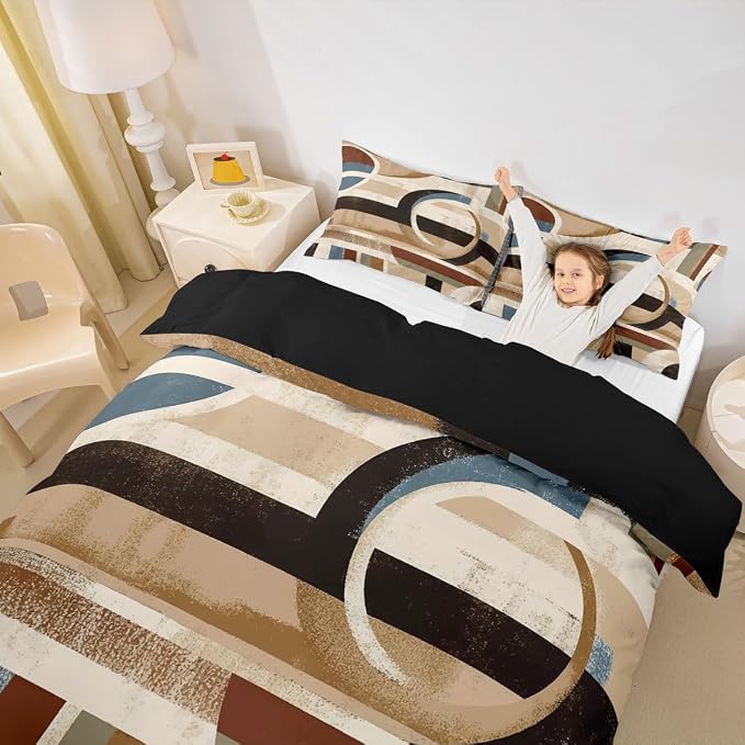 Modern Geometric Duvet Cover Set Full Size,Abstract Graffiti Striped Circle Bedding Set,Boys Girls Room Decor,Minimalist Aesthetic Simple Comforter Cover,Brown Quilt Cover,2 Pillowcases(No Filler)