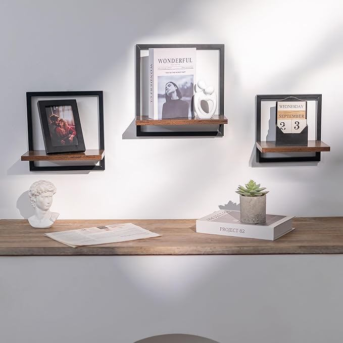 Wall Shelves for Living Room - Set of 3 Geometric Decorative Floating Shelf for Home Decor - Modern Industrial Wall Mounted Shelving Unit for Bedroom Bathroom Corner (Rustic Brown and Black)