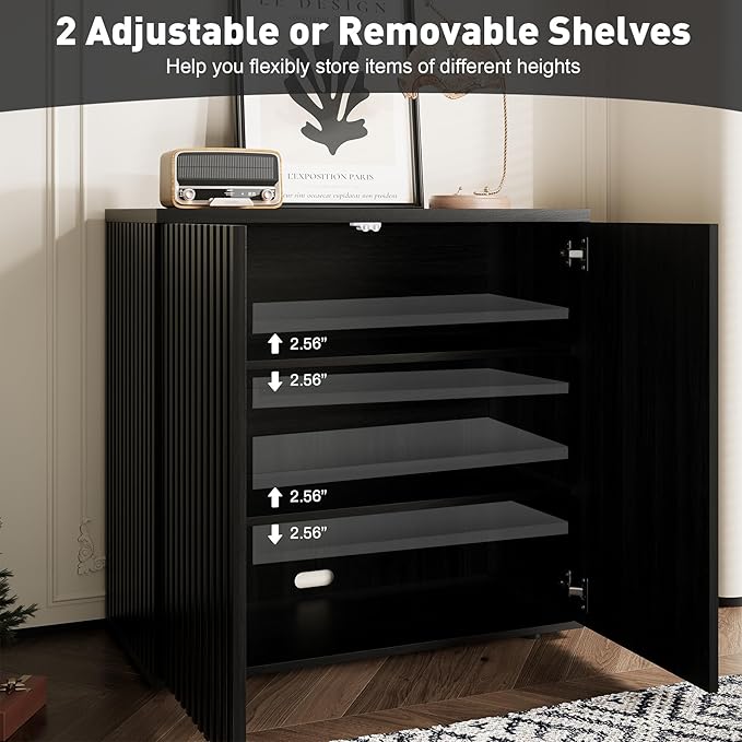 Rophefx Fluted Sideboard Cabinet, 63" Buffet Cabinet with Storage, Credenza Storage Cabinets with Adjustable Shelf, Wood Entryway Cabinets with Pop-up Doors for Living Room, Entryway, Hallway, Black