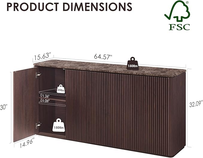 Fluted 4 Doors Sideboard Cabinet with Storage, 64" Wooden Credenza with Shelves, Faux Marble-Top Coffee Bar Console Table, Modern Buffet Cabinet for Dining, Kitchen, Living Room, Entryway, Dark Oak