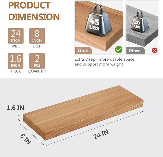 8 Inch Deep Floating Shelves, USA-Sourced Rustic Elm Wood Wall Shelves for Storage, Wall Mounted Display Shelving with Invisible Heavy-Duty Metal Bracket (Natural, 24" W x 8" D, Set of 2)