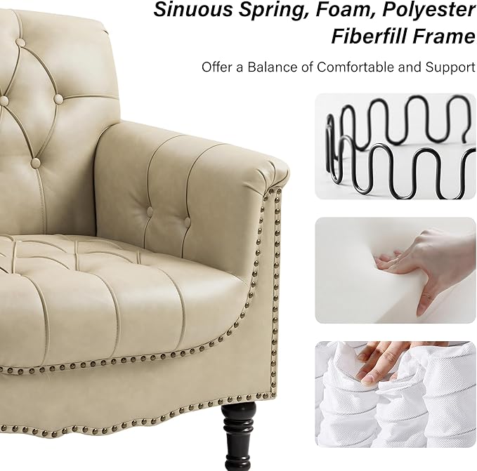 Faux Leather Accent Chair, PU Leather Modern Comfy Upholstered Armchair with Wood Legs & Nailhead Trim for Living Room, Bedroom (Beige,Set of 1)