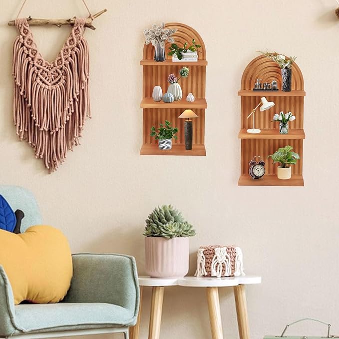 Boho Wall Decor Floating Shelves for Bedroom and Living Room, Mid Century Modern Wooden Wall Shelf Set for Plants and Display, Vintage Arched Decorative Shelves 2 pcs