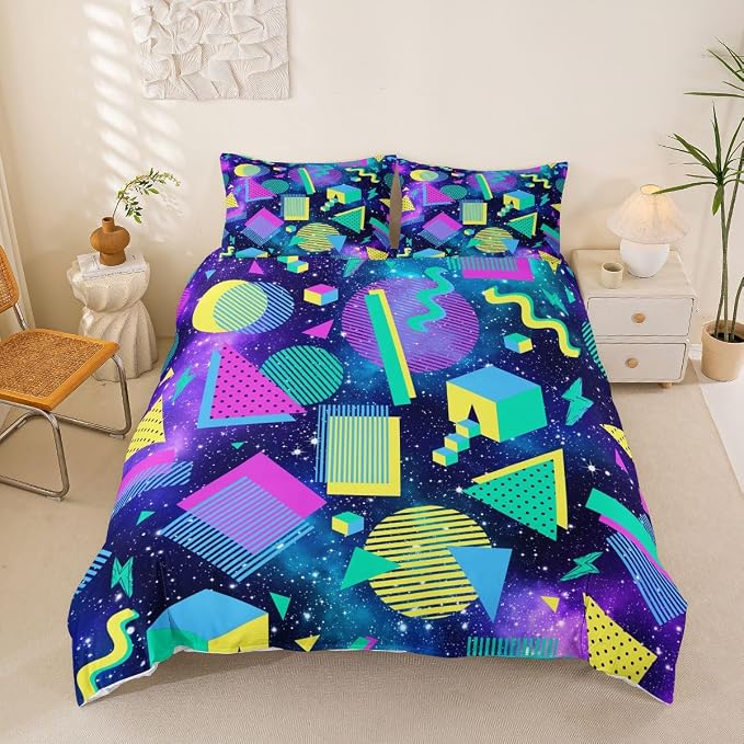 Memphis Style Duvet Cover Full Abstract Colorful Design With Dots Funky Bedding Set For Kids Child Girls Vintage Eighties Comforter Cover Memphis Fashion Bed Sets 80'S Style Retro 1980s Home Decor