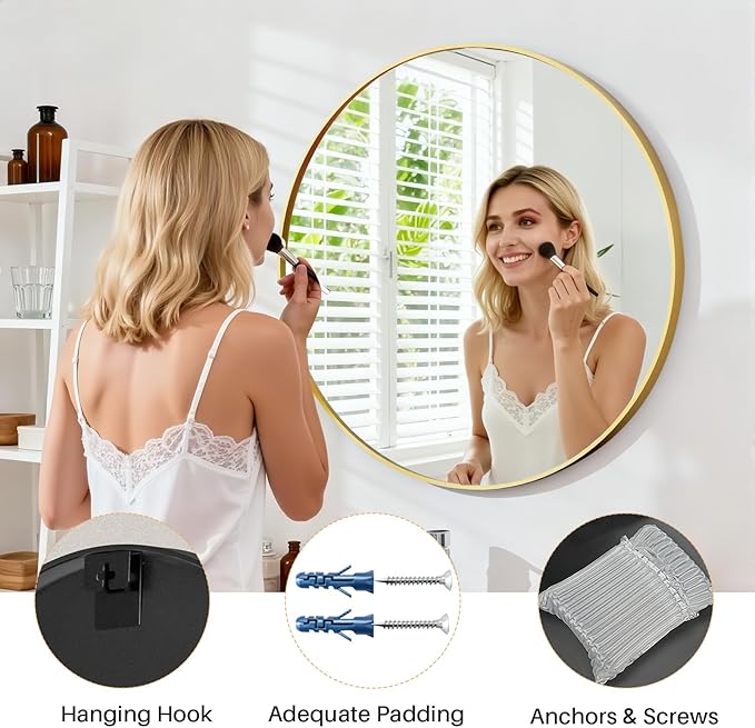 24 Inch Round Bathroom Mirror for Wall, Matte Gold Metal Framed | Circle Vanity Mirror for Bathroom Bedroom Living Room Entryway, Anti-Rust, Tempered Glass, Hanging or Leaning