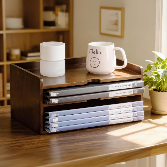 Wooden Desk Organizer with Dark Wood Finish, Stackable Paper Tray & File Holder, Multifunctional Mail Letter Sorter for A4 Documents, File Organizer，Office Supplies Storage for Home Office Study Work
