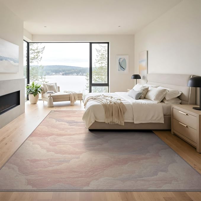 9'x12' Washable Watercolor Cloud Oversized Rug, Blush Pink Non-Shedding Pet Friendly Carpet for Master Suite, California King, Under Bed, Foldable Easy Care Mat | Ref:2208256