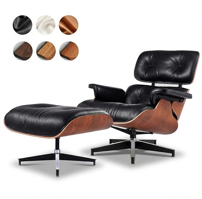 Top Black Grain Leather, Mid Century Chaise Lounge Chair and Ottoman, Accent Chair, Modern Chair, Classic Design, Heavy Duty Base Support for Living Room Lounge Office, Palisander, Heightening