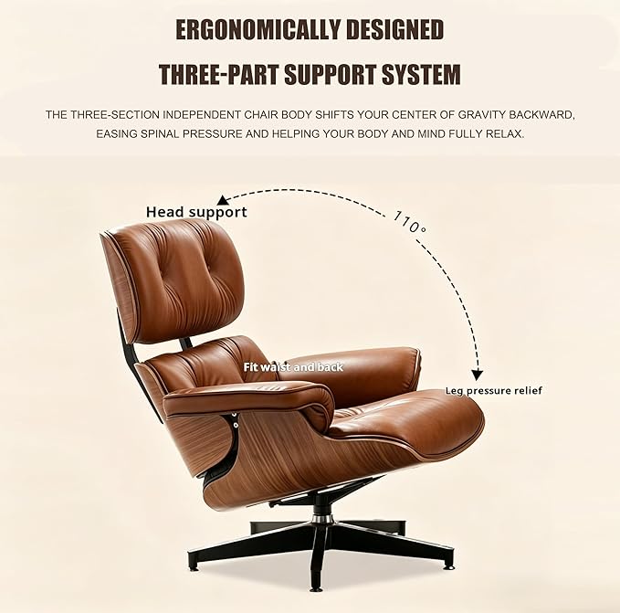 Mid Century Chaise Lounge Chair with Ottoman, Modern Retro Classic Design, PU Leather & Walnut Wood, Heavy Duty Metal Support, Comfortable for Living Room Bedroom Office（Brown-Premium）