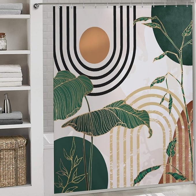 Boho Leaf Shower Curtain,Mid Century Green Tropical Plant Palm Leaves Abstract Minimalist Geometic Arch Modern Waterproof Fabric Bathroom Shower Curtain Set with Hooks,72x72Inch