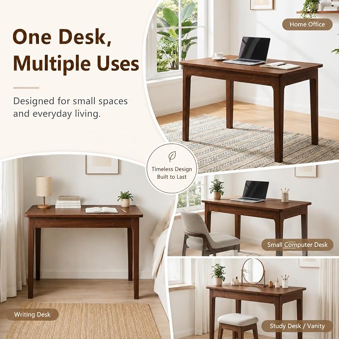 Mid Century Modern Desk with Drawers,31.5 inch Solid Wood Writing Desk for Home Office Bedroom,Small Computer Desk for Spaces Easy Assembly Walnut