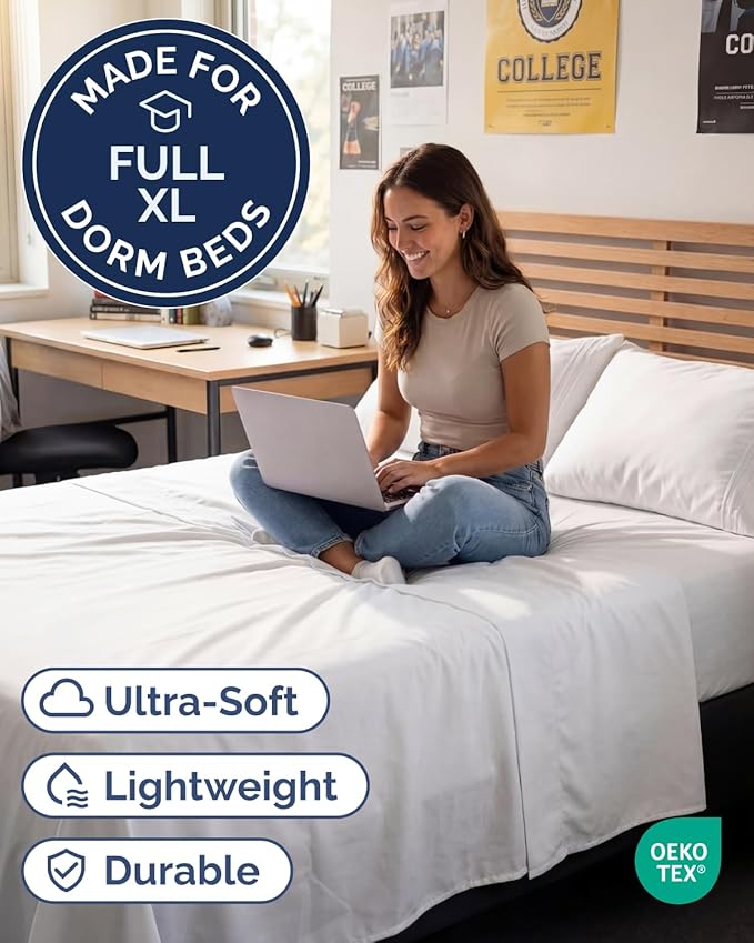 Full XL Bed Sheet - 4 Piece Full XL Bed Sheets Set - Ultra-Soft, Comfy, Breathable & Cooling - Hotel Luxury Bedding for Women & Men with Deep Pockets - Wrinkle Free & Fade Resistant - Oeko-Tex - White