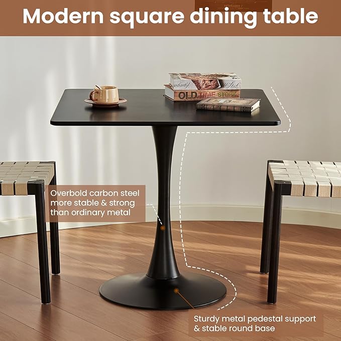 Square Dining Tulip Table for 4, Mid-Century Modern Table with Sturdy Metal Pedestal for Kitchen, Bistro, Cafe, Leisure (Black, 31.5 INCH)