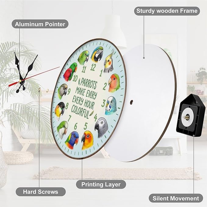 Colorful Parrot Wooden Wall Clock Silent Non Ticking for Kitchen Living Room Bedroom Office Home Decor Unique Gift Battery Operated 10/12 Inch