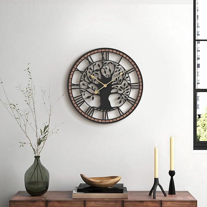 Micasso Wall Clocks Battery Operated: 21Inch Farmhouse Tree of Life Metal with Wood Frame - Rustic Roman Numerals Clock for Bedroom/Office/Living Room/Kitchen - Home Decor for Trendy Fashionistas