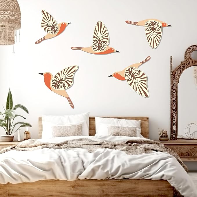 KOYILTD 5 Piece Bird Wood Wall Sculptures Wooden Wall Art Decor Scandinavian Home Decorations Flying Bird Wall Decor Farmhouse Wall Art for Home Living Room Bathroom Dining Room (Orange)