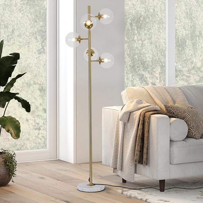 KCO Lighting Clear Bubble Glass Floor Lamp Nordic Globe Floor Lamp Brass Floor Light Vintage Gold Floor Lamps Modern Tall Standing Lamp for Living Room Bedroom Office