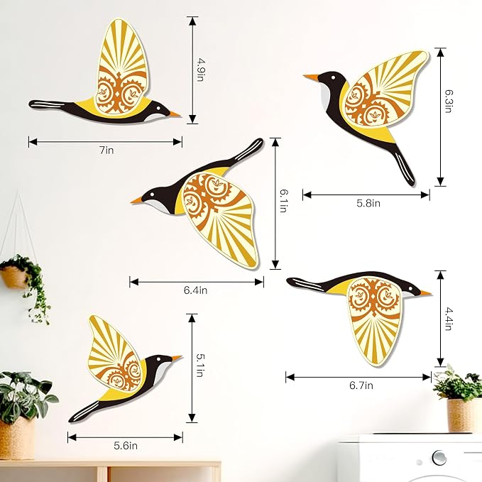 KOYILTD 5 Piece Bird Wood Wall Sculptures Wooden Wall Art Decor Scandinavian Home Decorations Flying Bird Wall Decor Farmhouse Wall Art for Home Living Room Bathroom Dining Room (Yellow)