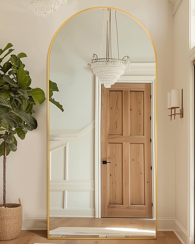 Full Length Mirror with Stand, 76"x34" Arched Full Body Mirror, Large Stand Up Mirrors, Aluminum Frame Floor Standing Mirrors, Freestanding Hanging Leaning Mounted for Bedroom Living Room, Gold