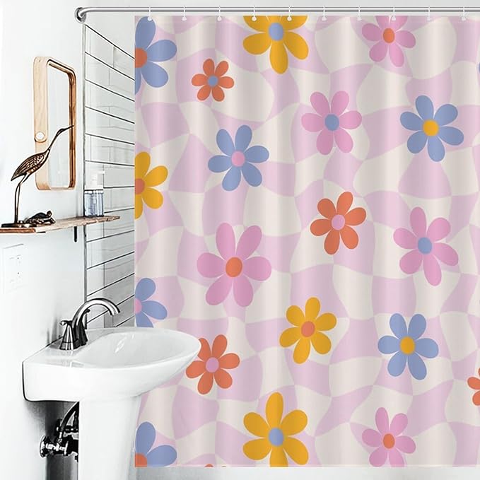 Groovy 70s Shower Curtain, Retro Hippie Pink 70s Floral Flower Hippie Cute Wave Swirl Aesthetic Funky Trippy Vintage Waterproof Fabric Bathroom Shower Curtain Set with Hooks, 72"x72"