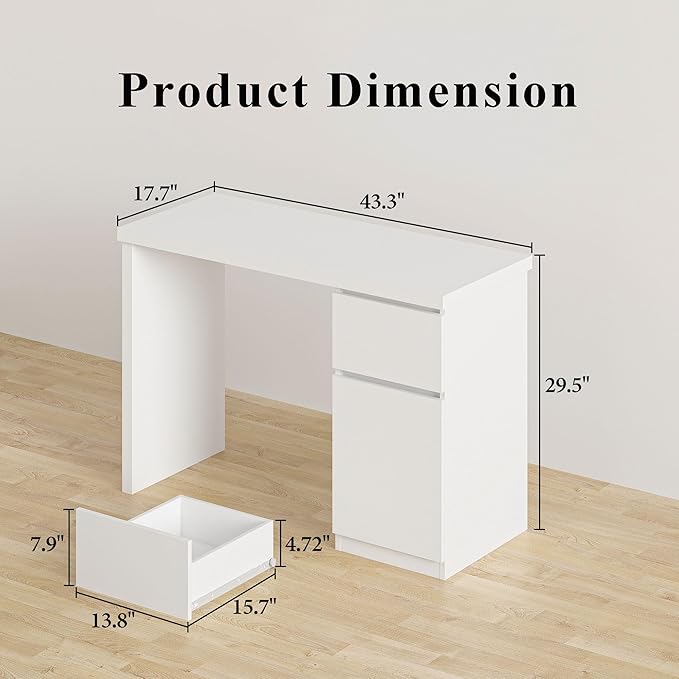 furtble White Desk with Drawers, 43 Inch Small Cute Desk for Bedroom, Home Office PC Desks Workstation Study Table Desks with Storage, White